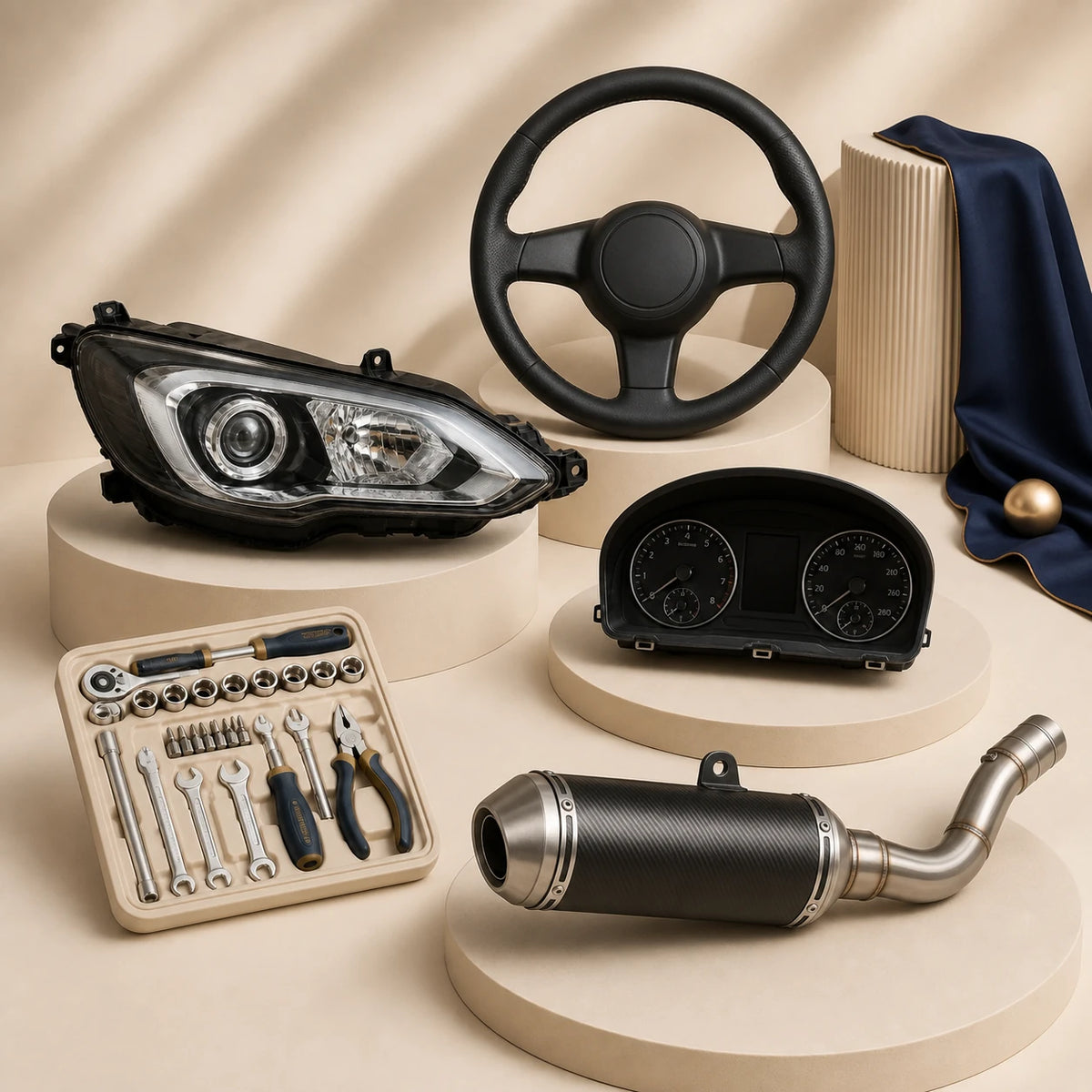 Phare, volant de voiture, tableau de bord, échappement moto et outils — illustration de la catégorie auto-moto.