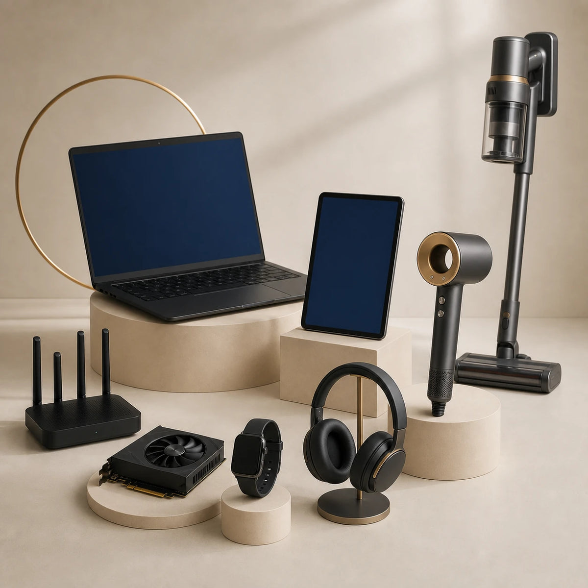 Ordinateur, tablette, aspirateur sans fil, sèche-cheveux, montre connectée et casque Bluetooth — illustration high-tech.