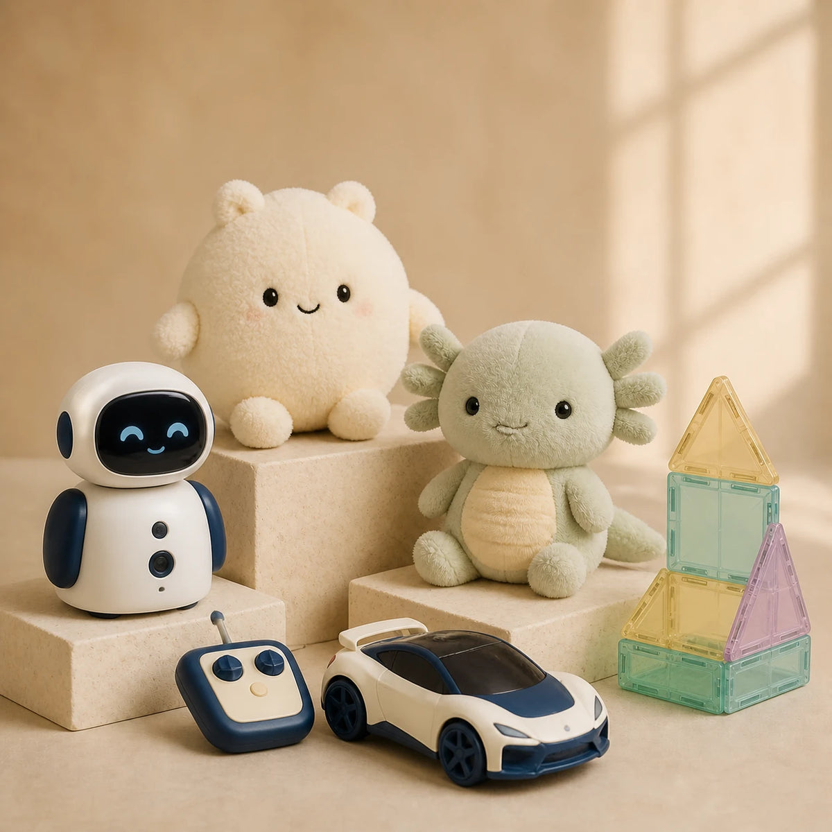 Peluches contemporaines, robot jouet, voiture télécommandée et jeu de construction — illustration de la catégorie jouets.