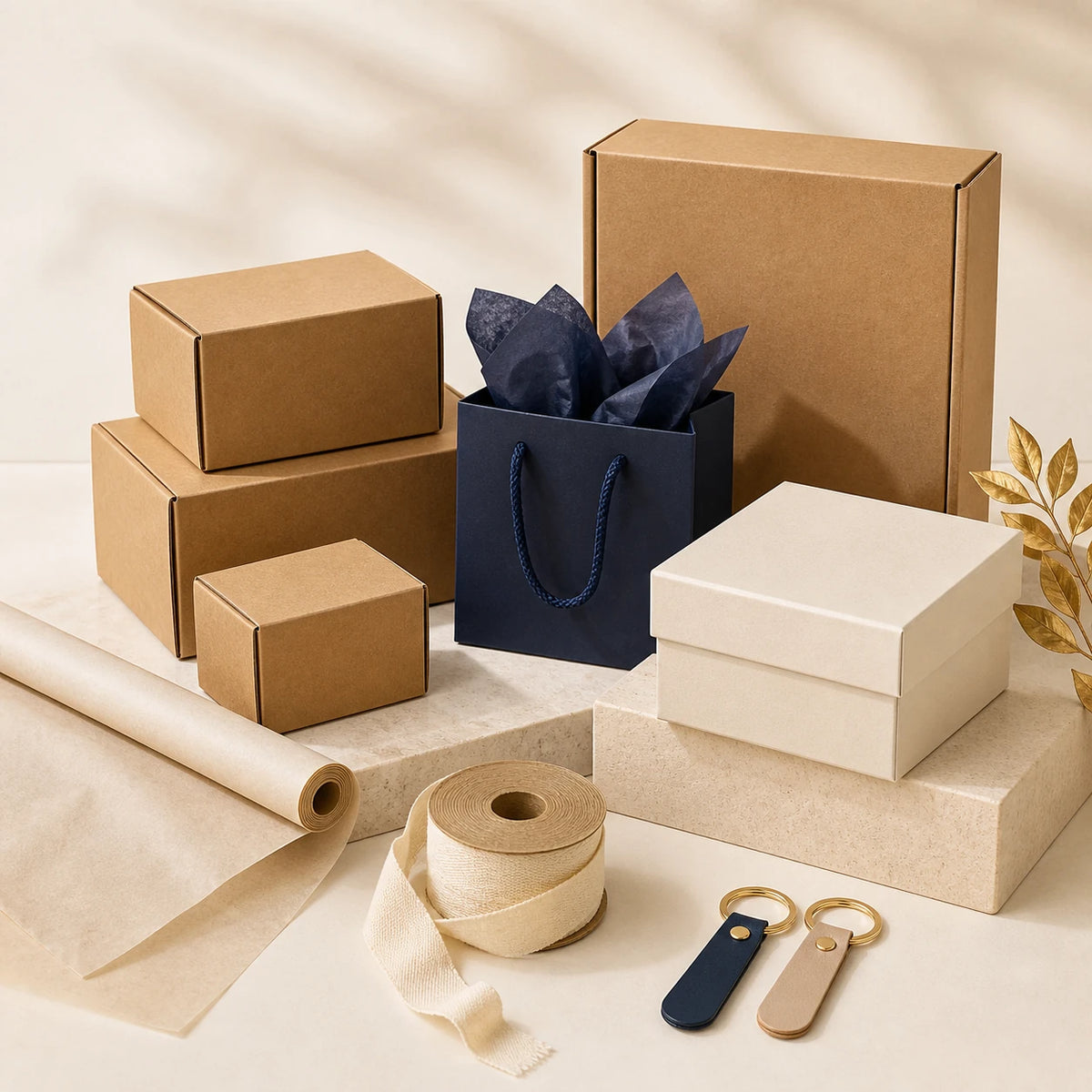 Boîtes en carton, sac cadeau, rubans et porte-clés — illustration de la catégorie packaging et cadeaux.